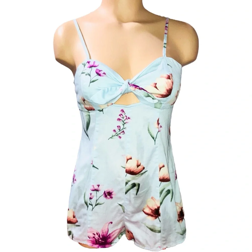 *3 for $30!* Forever 21 Romper Blue Floral Tropical Romper Bow Short Playsuit S - Picture 3 of 8